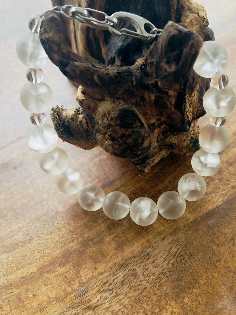 Clear Quartz Frosted White Beaded Phone Bracelet - Elegant Women’s Jewelry